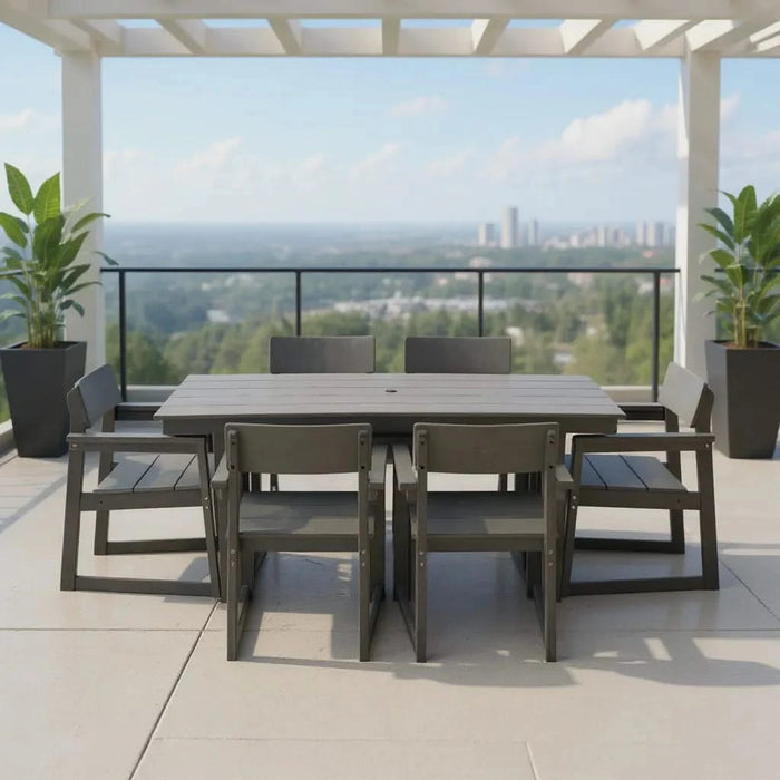 7-Piece HDPE Outdoor Dining Set for 6 – Weather-Resistant Patio Table with Umbrella Hole and 6 Armrest Chairs, Durable Garden Furniture for Backyard, Lawn, Deck, or Poolside (Grey) Default -DTYStore