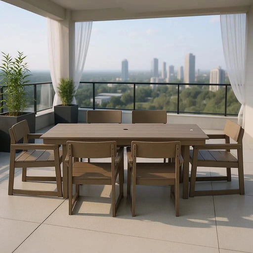 7-Piece HDPE Outdoor Dining Set for 6 – Weather-Resistant Patio Table with Umbrella Hole and 6 Armrest Chairs, Durable Garden Furniture for Backyard, Lawn, Deck, or Poolside (wood) Default -DTYStore