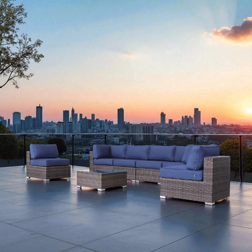 7-Piece Modular Rattan Outdoor Conversation Set with Cushions, Rust-Resistant Aluminum, Navy Blue Default -DTYStore