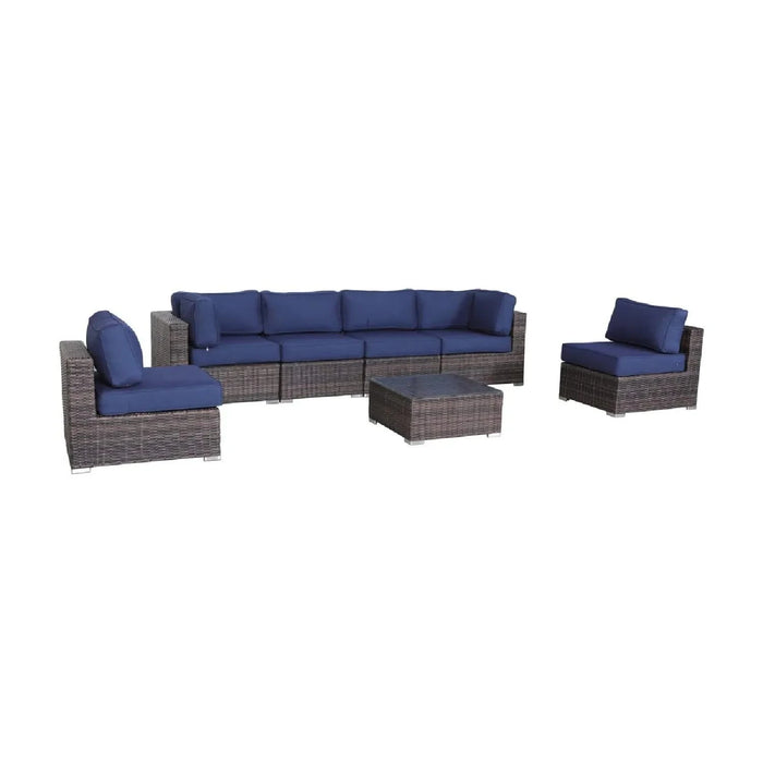 7-Piece Modular Rattan Outdoor Conversation Set with Cushions, Rust-Resistant Aluminum, Navy Blue Default -DTYStore