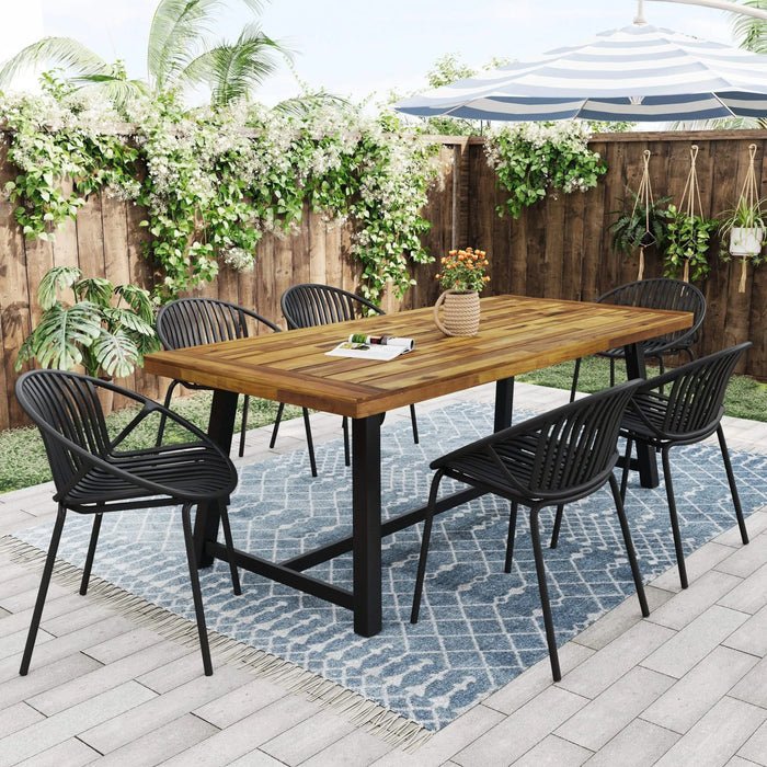7-Piece Outdoor Modern Dining Set with Stackable Chairs, Black and Teak Finish, Acacia Wood and Metal Default -DTYStore