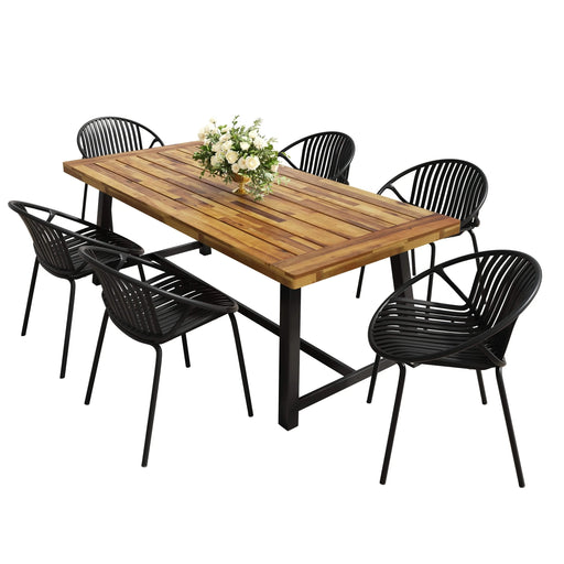 7-Piece Outdoor Modern Dining Set with Stackable Chairs, Black and Teak Finish, Acacia Wood and Metal Default -DTYStore