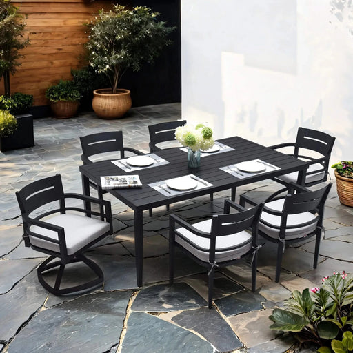 7-Piece Outdoor Patio Aluminum Furniture, Modern Dining Set, including 4 Dining Chairs & 2 Swivel Rockers Sunbrella Fabric Cushioned and Rectangle Dining Table with Umbrella Hole, Ember Black Default -DTYStore