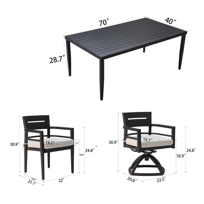 7-Piece Outdoor Patio Aluminum Furniture, Modern Dining Set, including 4 Dining Chairs & 2 Swivel Rockers Sunbrella Fabric Cushioned and Rectangle Dining Table with Umbrella Hole, Ember Black Default -DTYStore