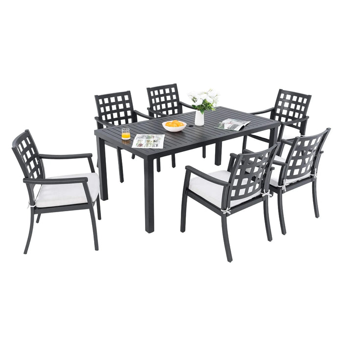 7-Piece Outdoor Patio Dining Set, a Rectangular Table and Six Stationary Dining Chairs, Cast Aluminum, Rust-Free, Textured Ember Black Finish, Sunbrella Cushions, Weather-Resistant for Garden Default -DTYStore