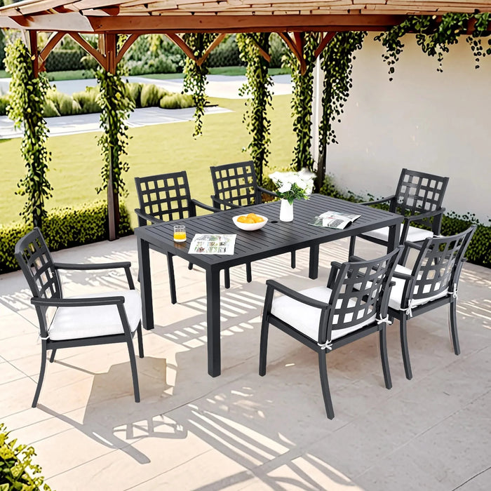 7-Piece Outdoor Patio Dining Set, a Rectangular Table and Six Stationary Dining Chairs, Cast Aluminum, Rust-Free, Textured Ember Black Finish, Sunbrella Cushions, Weather-Resistant for Garden Default -DTYStore