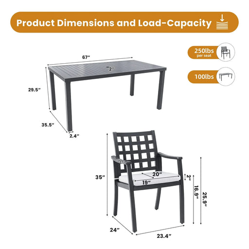 7-Piece Outdoor Patio Dining Set, a Rectangular Table and Six Stationary Dining Chairs, Cast Aluminum, Rust-Free, Textured Ember Black Finish, Sunbrella Cushions, Weather-Resistant for Garden Default -DTYStore