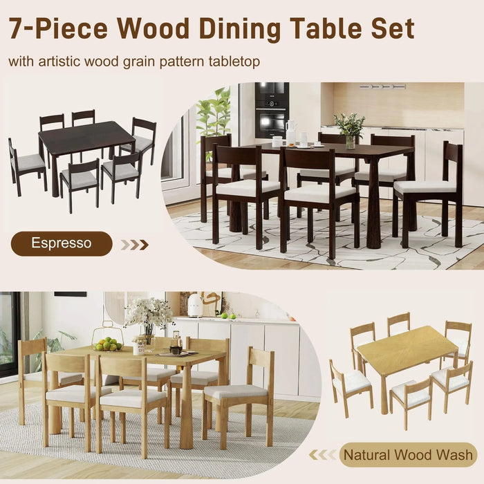 7-Piece Retro Dining Table Set for 6, Wood Dining Table Set for 6 with Upholstered Chairs for kitchen & Dining Room (Natural Wood Wash) Default -DTYStore