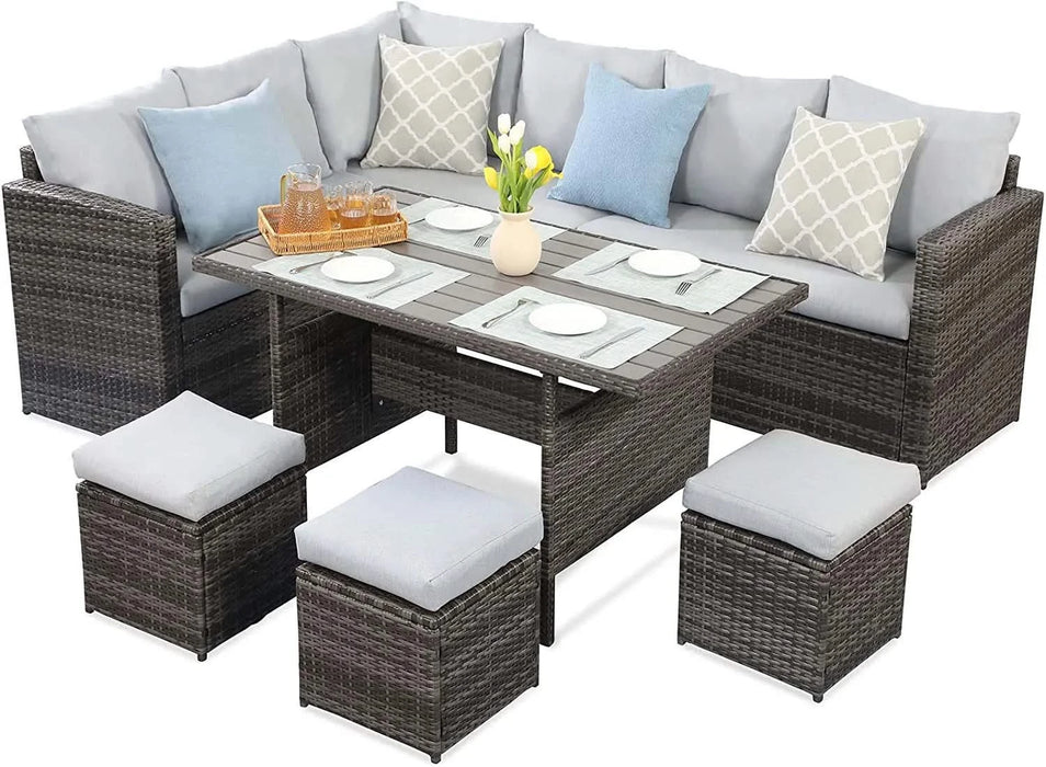 7-Pieces PE Rattan Wicker Patio Dining Sectional Cusions Sofa Set with Grey cushions Default -DTYStore