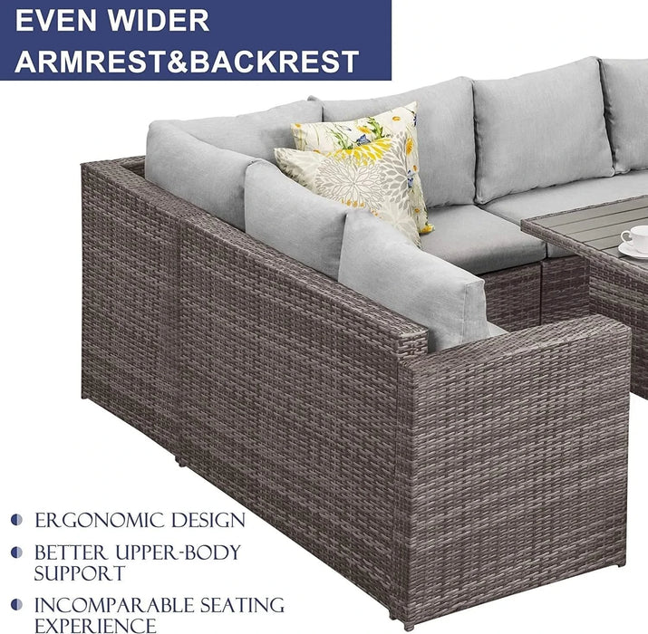7-Pieces PE Rattan Wicker Patio Dining Sectional Cusions Sofa Set with Grey cushions Default -DTYStore
