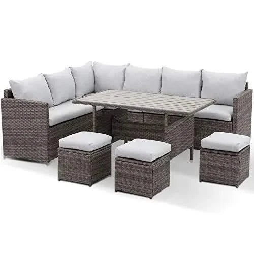 7-Pieces PE Rattan Wicker Patio Dining Sectional Cusions Sofa Set with Grey cushions Default -DTYStore
