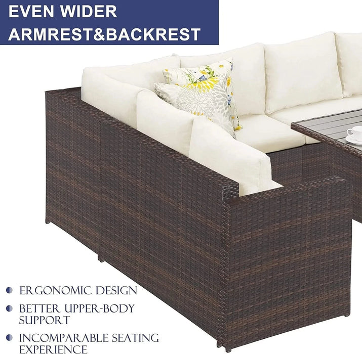 7-Pieces PE Rattan Wicker Patio Dining Sectional Cusions Sofa Set with Ivory cushions Default -DTYStore
