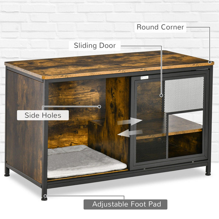 Cat Kennel, Furniture Style Dog Cage, Wood & Steel End Table Pet House with Cushion and Sliding Doors, Rustic Brown - DTYStore