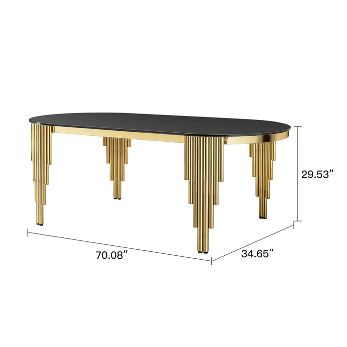 70.08 in. Oval Dining Table with Black Glass Top and Gold Stainless Steel Base, for 6 Seats Default -DTYStore
