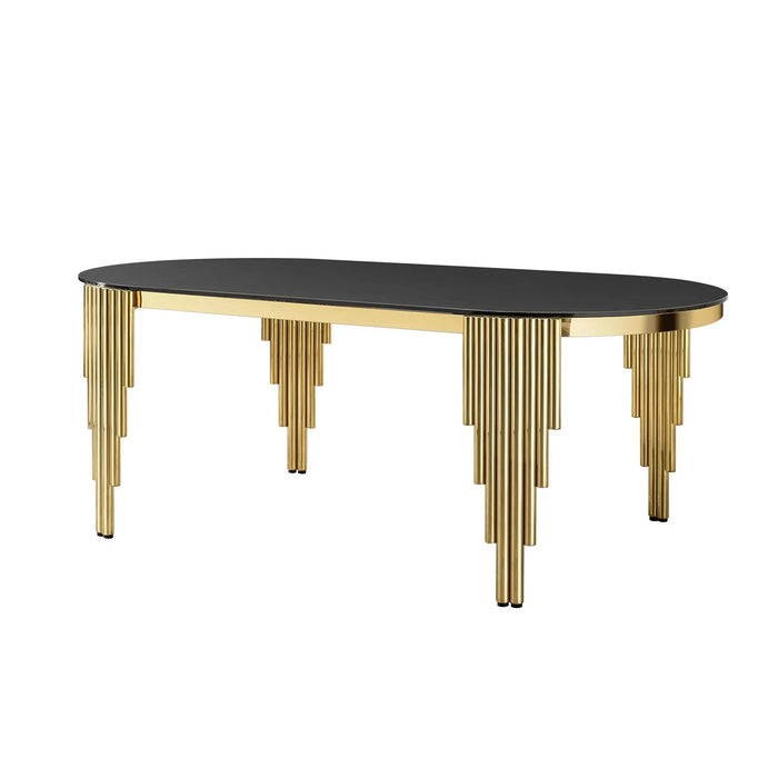 70.08 in. Oval Dining Table with Black Glass Top and Gold Stainless Steel Base, for 6 Seats Default -DTYStore