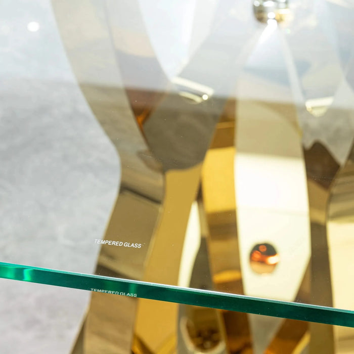70.08 in. Tempered Clear Glass Rectangular Dining Table with Gold Stainless Steel Base, 0.47 in. Thickness Default -DTYStore