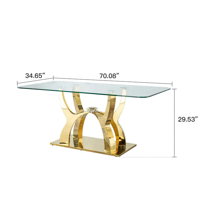 70.08 in. Tempered Clear Glass Rectangular Dining Table with Gold Stainless Steel Base, 0.47 in. Thickness Default -DTYStore