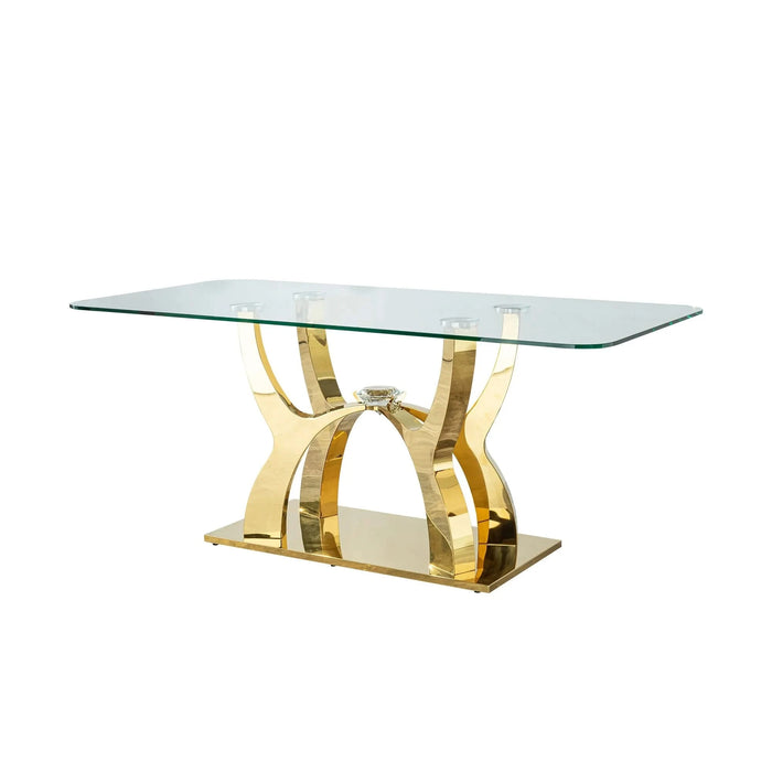 70.08 in. Tempered Clear Glass Rectangular Dining Table with Gold Stainless Steel Base, 0.47 in. Thickness Default -DTYStore