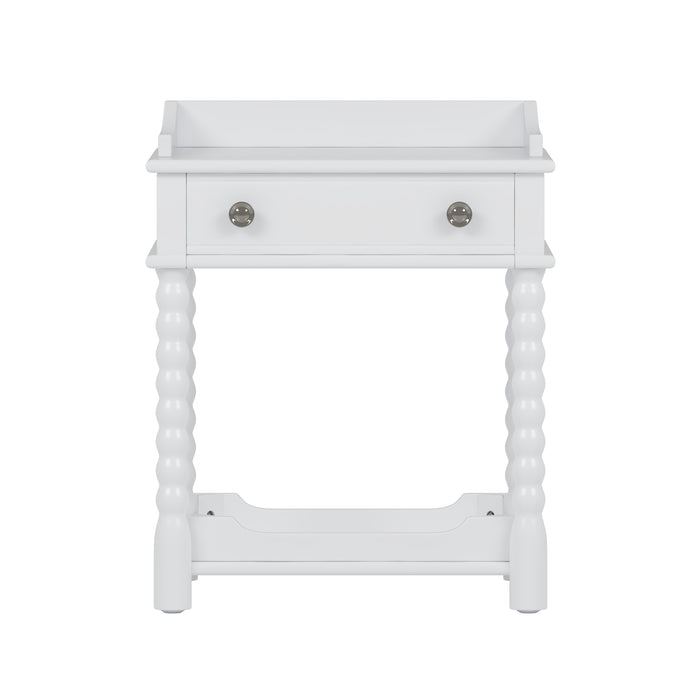 Retro Style Nightstand with Drawer and Open Shelf for Bedroom, Bedside Table with Turned Legs and Metal Handle,White