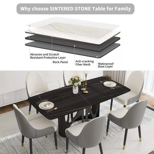 70.86 'Modern Artificial Stone Curved Black Panel Black Iron Metal Legs-Can Accommodate 6-8 People Default -DTYStore