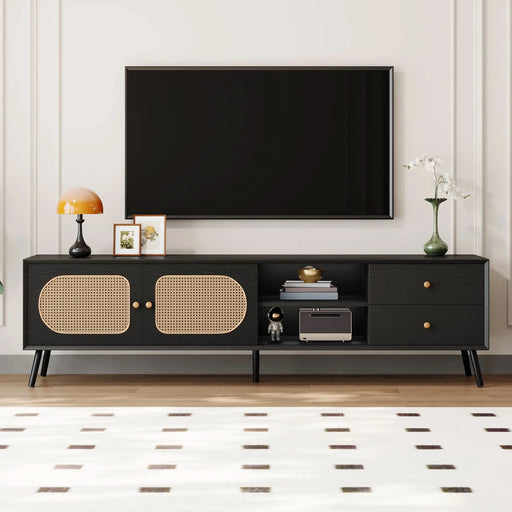 70' TV Stand for TVs up to 80 Inches, Mid Century Modern Entertainment Center with Rattan Doors, 2 Drawers, and Open Shelf, Television Stand for Living Room - DTY Store