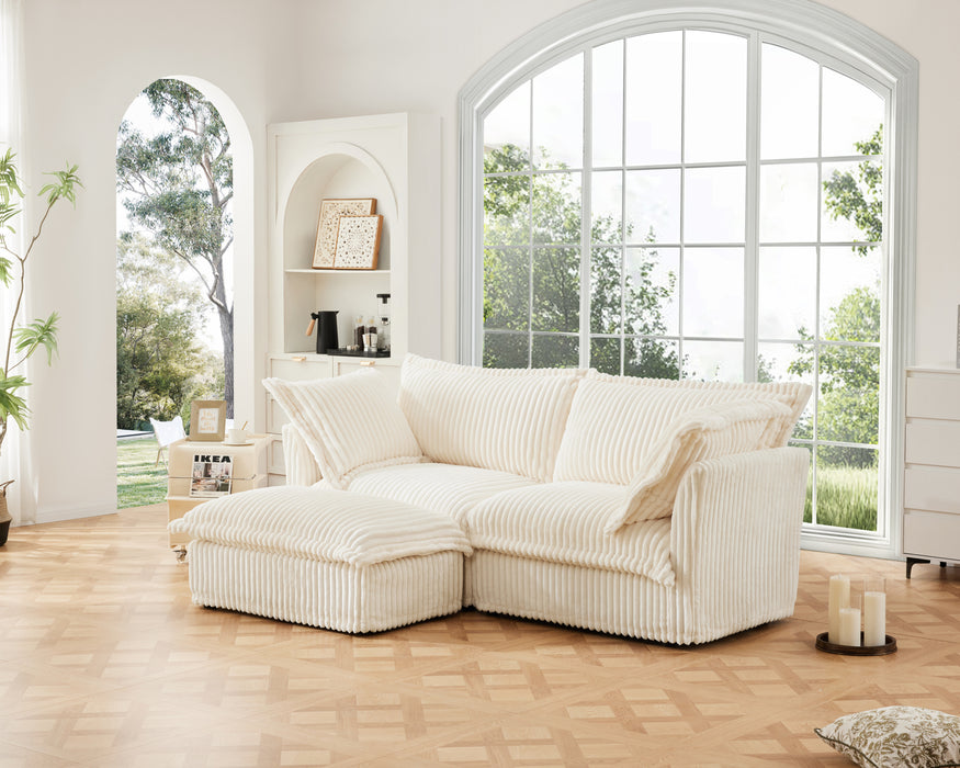 Slipcovered Sectional 2 Seater Sofa Couch with Convertible Ottoman, Wide and Deep Seat L Shaped Sofa with Detachable Cover and Soft Multiple Big Pillows,Cream Corduroy Fabric