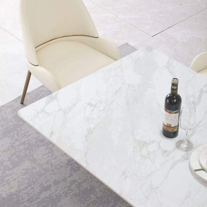 71-Inch Stone DiningTable with Carrara White color and Round special shape carbon steel Pedestal Base with 6PCS Chairs Default -DTYStore
