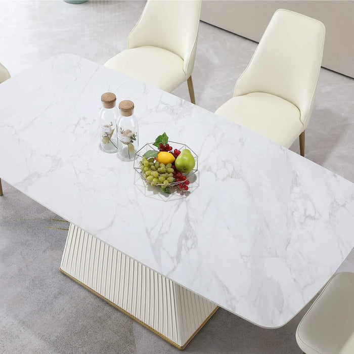 71-Inch Stone DiningTable with Carrara White color and Striped Pedestal Base Default -DTYStore