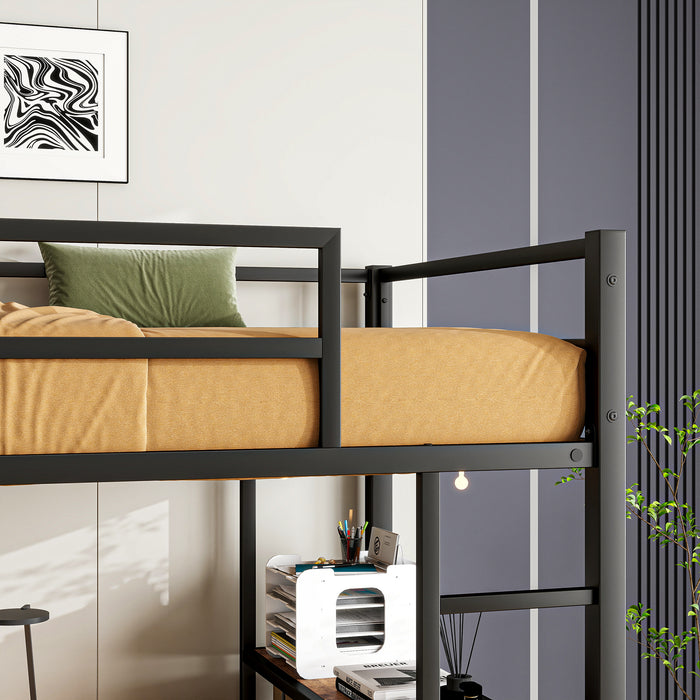 Twin Size Loft Bed with L Shaped Desk and Shelves, Charging Station, Led Lights, Safety Guard & Ladder, Space-Saving, No Noise, No Box Spring Needed, Brown Wood