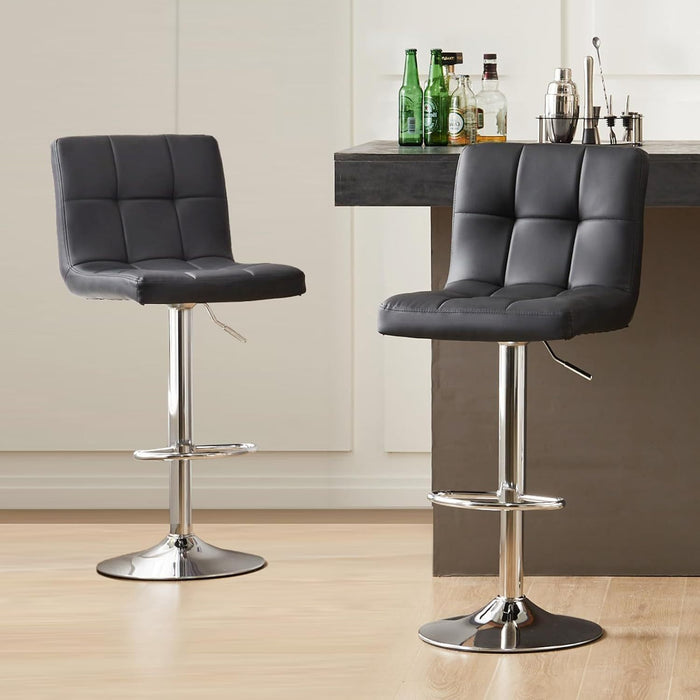 Bar Stools Set of 2, PU Leather Adjustable Swivel Barstools, Armless Adjustable Kitchen Counter Height Bar Stools, Thickened Seat Cushion Square Island Chairs with Back, Black