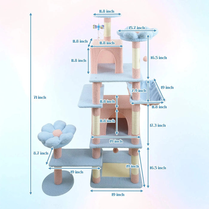 71 inch flower cat tree with large condo removable flower cushion and hammock blue Default -DTYStore