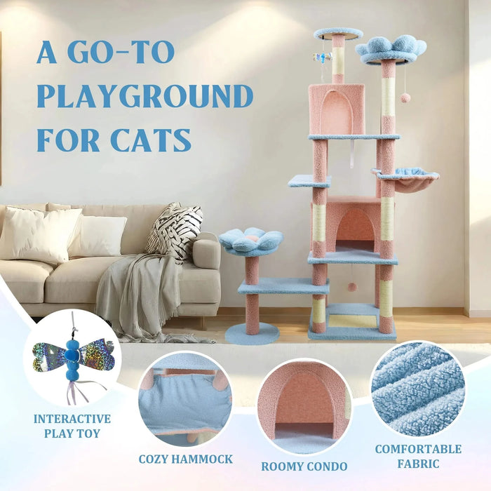 71 inch flower cat tree with large condo removable flower cushion and hammock blue Default -DTYStore