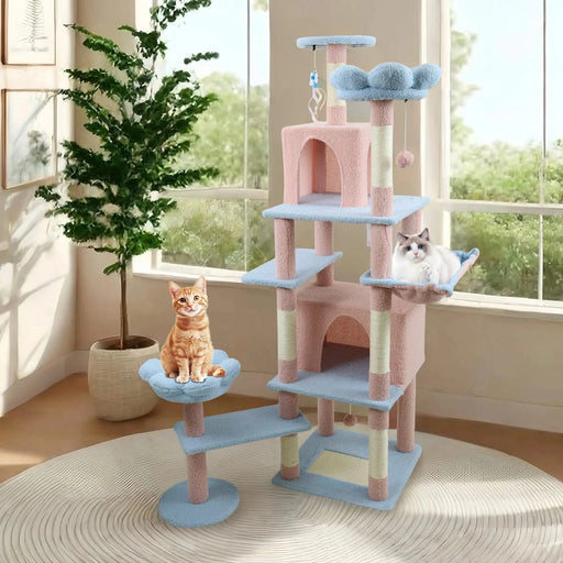71 inch flower cat tree with large condo removable flower cushion and hammock blue Default -DTYStore
