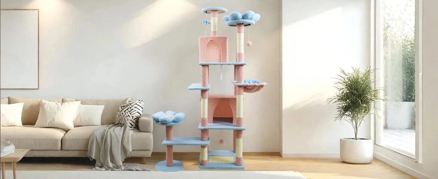 71 inch flower cat tree with large condo removable flower cushion and hammock blue Default -DTYStore