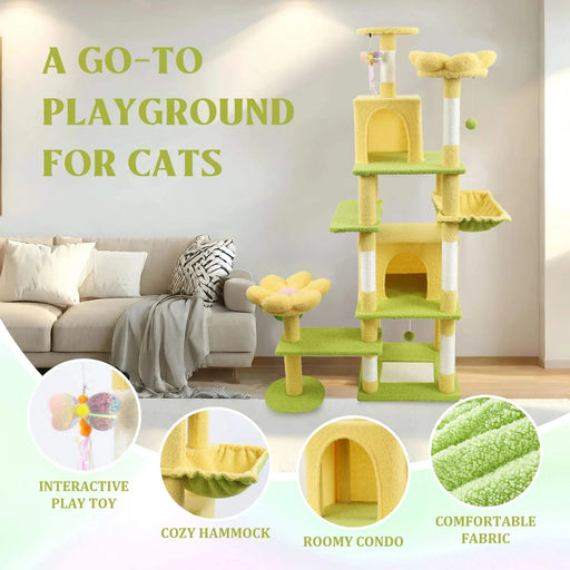 71 inch flower cat tree with large condo removable flower cushion and hammock yellow Default -DTYStore