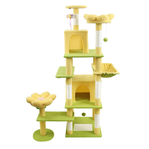 71 inch flower cat tree with large condo removable flower cushion and hammock yellow Default -DTYStore