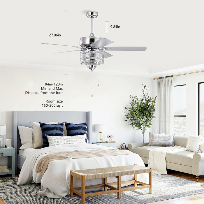 52'' Classical Crystal Ceiling Fan Lamp 5 Reversible Blades for Living Room, Dining Room, Bedroom, Family Room, Chrome (Hand Pull Chain) - DTYStore