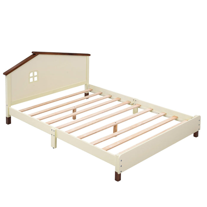 Full Size Wood Platform Bed with House-shaped Headboard (Cream+Walnut) - DTYStore
