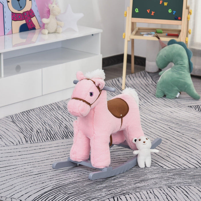 Kids Plush Ride-On Rocking Horse with Bear Toy, Children Chair with Soft Plush Toy & Fun Realistic Sounds, Pink