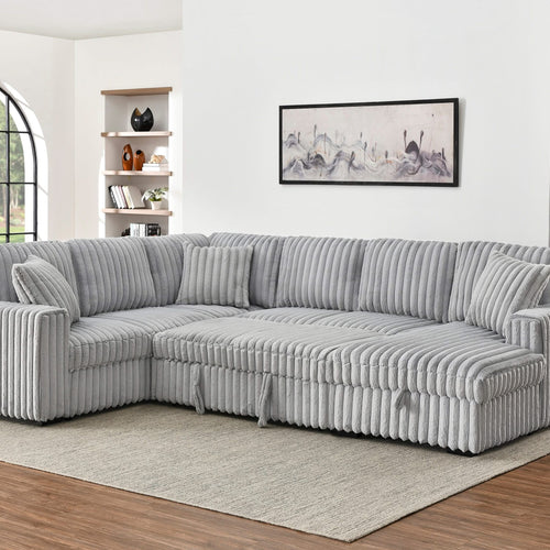 122 Inch Pull Out Couch, Rabbit plush Fabric Sofa Bed with USB Ports & Comfy Upholstered, Oversized U Shape Sectional Sleeper Sofa Bed with Storage Chaise, Grey - Image 1