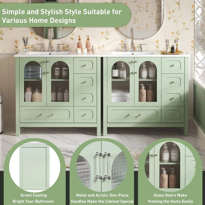 72' Bathroom Cabinet with Waffle Texture Doors, Large Bathroom Vanity with Eight Drawers, Four Soft-Closing Doors and Double Sink Top, Bathroom Storage with Glass Doors Default -DTYStore