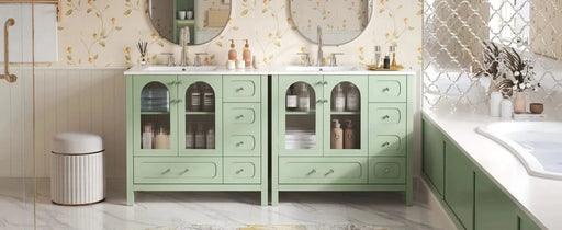 72' Bathroom Cabinet with Waffle Texture Doors, Large Bathroom Vanity with Eight Drawers, Four Soft-Closing Doors and Double Sink Top, Bathroom Storage with Glass Doors Default -DTYStore