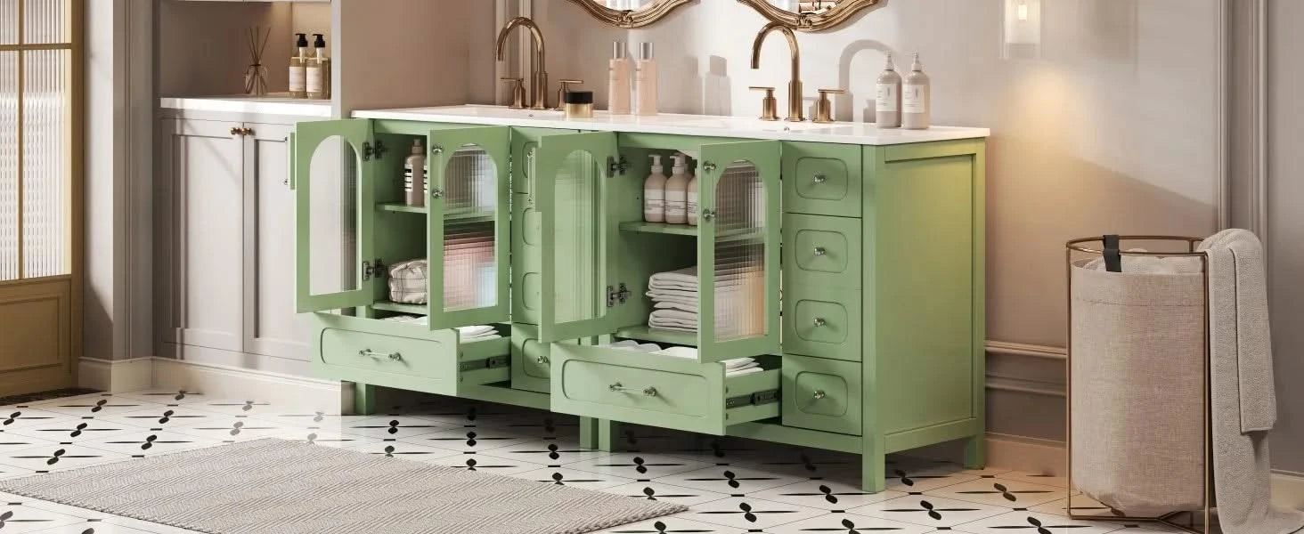 72' Bathroom Cabinet with Waffle Texture Doors, Large Bathroom Vanity with Eight Drawers, Four Soft-Closing Doors and Double Sink Top, Bathroom Storage with Glass Doors Default -DTYStore