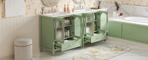 72' Bathroom Cabinet with Waffle Texture Doors, Large Bathroom Vanity with Eight Drawers, Four Soft-Closing Doors and Double Sink Top, Bathroom Storage with Glass Doors Default -DTYStore