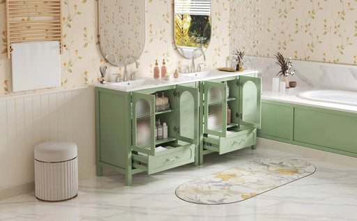 72' Bathroom Cabinet with Waffle Texture Doors, Large Bathroom Vanity with Eight Drawers, Four Soft-Closing Doors and Double Sink Top, Bathroom Storage with Glass Doors Default -DTYStore