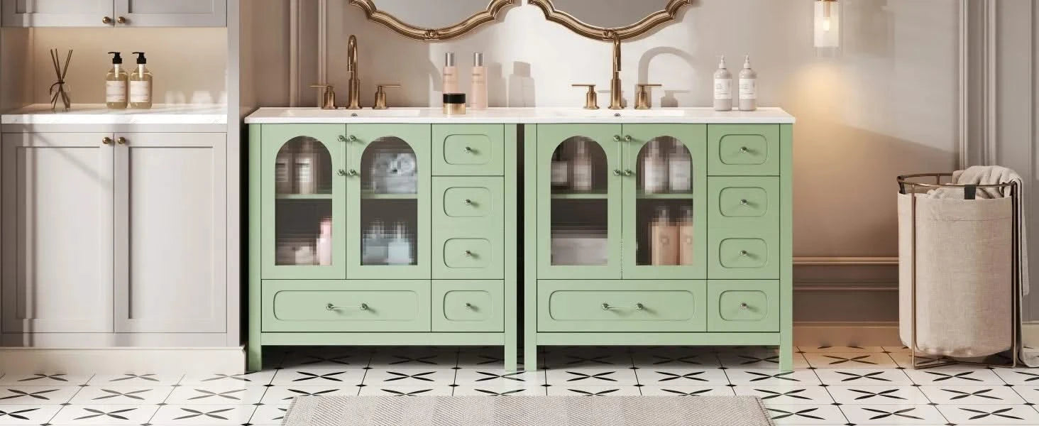 72' Bathroom Cabinet with Waffle Texture Doors, Large Bathroom Vanity with Eight Drawers, Four Soft-Closing Doors and Double Sink Top, Bathroom Storage with Glass Doors Default -DTYStore