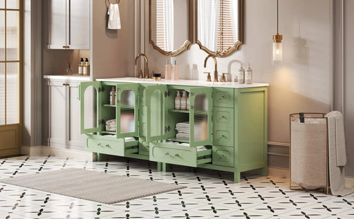 72' Bathroom Cabinet with Waffle Texture Doors, Large Bathroom Vanity with Eight Drawers, Four Soft-Closing Doors and Double Sink Top, Bathroom Storage with Glass Doors Default -DTYStore