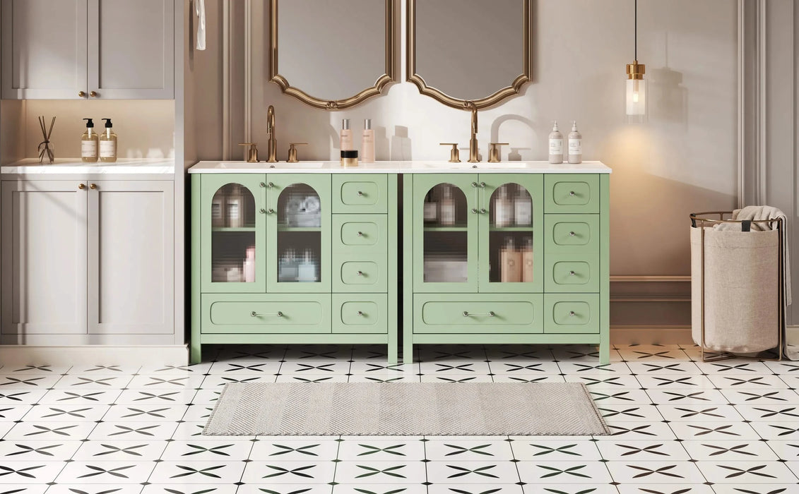 72' Bathroom Cabinet with Waffle Texture Doors, Large Bathroom Vanity with Eight Drawers, Four Soft-Closing Doors and Double Sink Top, Bathroom Storage with Glass Doors Default -DTYStore