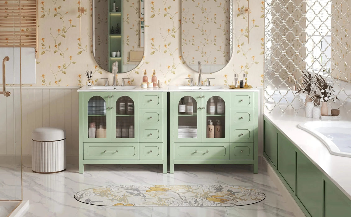 72' Bathroom Cabinet with Waffle Texture Doors, Large Bathroom Vanity with Eight Drawers, Four Soft-Closing Doors and Double Sink Top, Bathroom Storage with Glass Doors Default -DTYStore