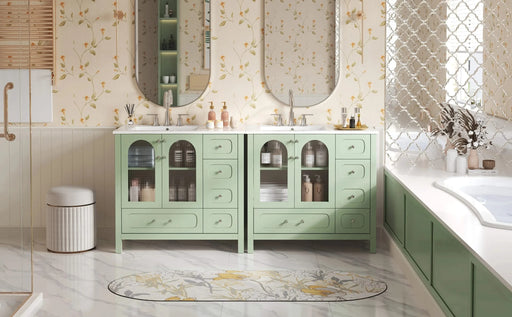 72' Bathroom Cabinet with Waffle Texture Doors, Large Bathroom Vanity with Eight Drawers, Four Soft-Closing Doors and Double Sink Top, Bathroom Storage with Glass Doors Default -DTYStore